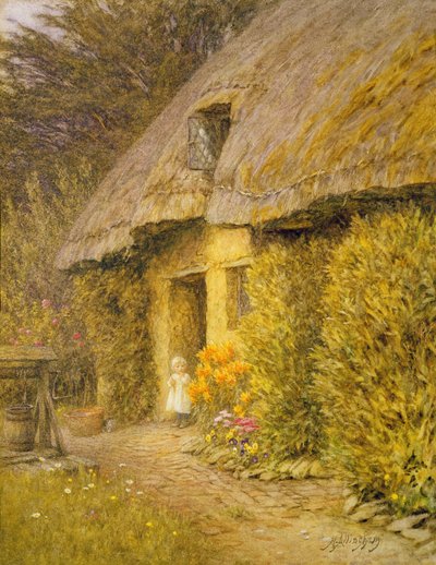 わらぶき屋根のコテージの戸口にいる子供 作： Helen Allingham